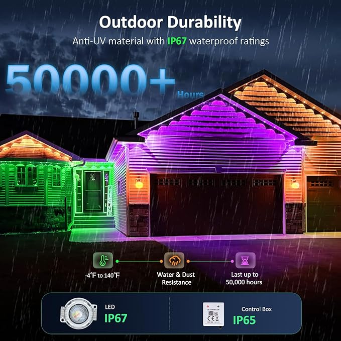 IVRICH 500FT Permanent Outdoor Lights Smart RGB Eave Light with Color Changing APP/Remote Control IP67 Waterproof Music Sync Timer Function for Christmas Party Holiday Decor
