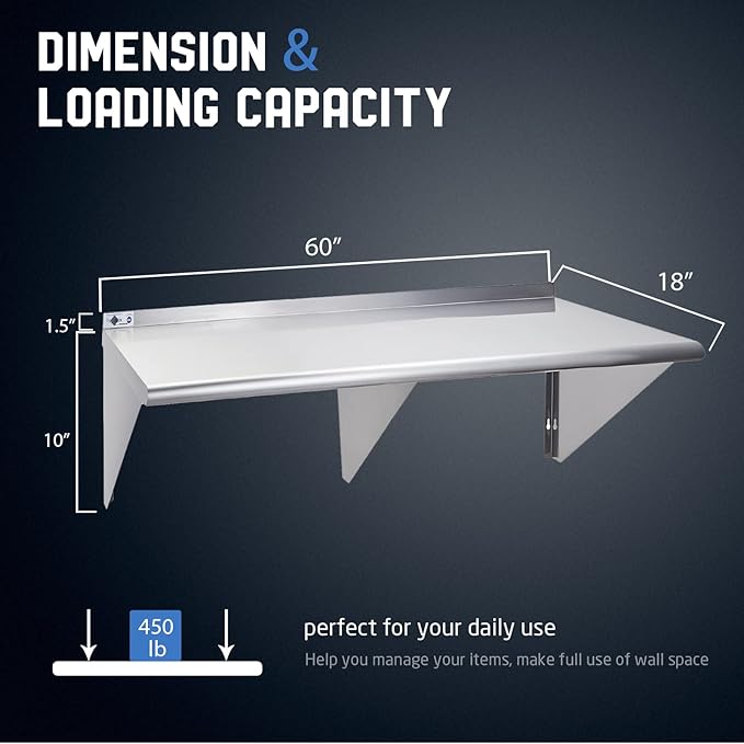 Profeeshaw NSF Stainless Steel Shelf 18” x 60” 450 lb Commercial Shelves Wall Mounted Metal Shelving with Backsplash and 2 Brackets for Restaurant Bar Utility Room Kitchen and Garage