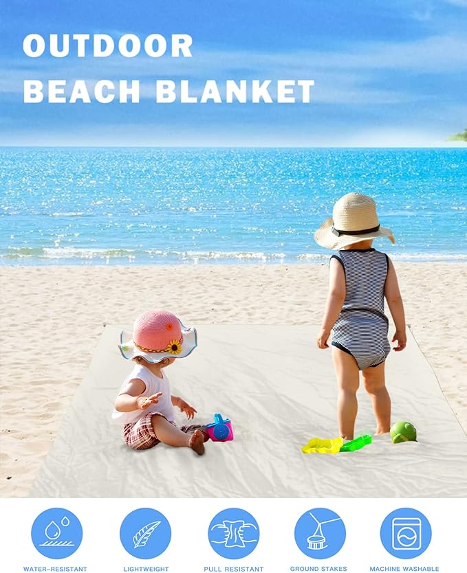 Modern Minimalism Pure Beige Beach Blanket Extra Large 118x108in Outdoor Waterproof Sandproof Picnic Blankets with Stakes Lightweight Beach Mat for Camping Travel HikingCracker Khaki Solid Color