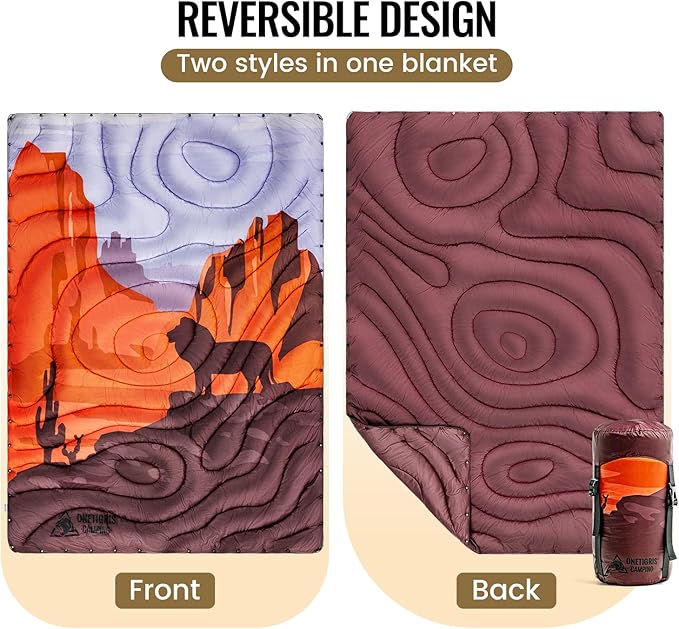 ONETIGRIS Ultralight Camping Blanket Packable Puffy Quilt Puffy Printed Camping Blanket with Snap Buttons &amp Corner Loops for Backpacking Hiking &amp Travel