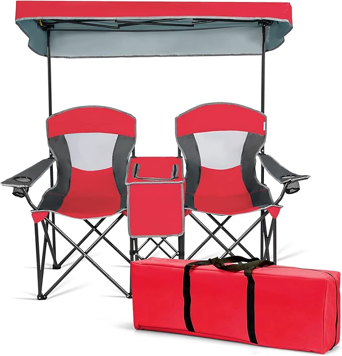 DORTALA Double Camping Chair with Canopy 2 Person Folding Beach Chair with Canopy Shade Table Beverage Holder and Storage Bag Double Rocker Chair Outdoor for Camping Beach Picnic Red