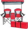 DORTALA Double Camping Chair with Canopy 2 Person Folding Beach Chair with Canopy Shade Table Beverage Holder and Storage Bag Double Rocker Chair Outdoor for Camping Beach Picnic Red