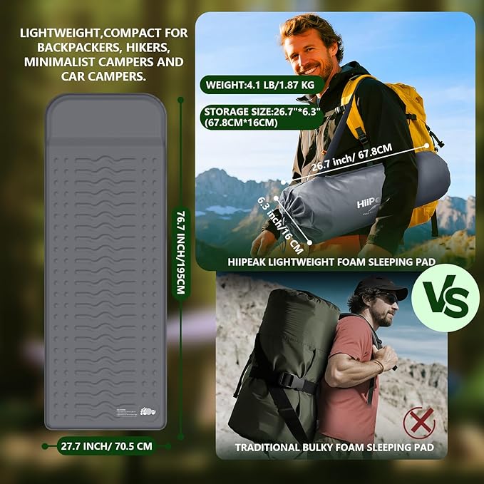 HiiPeak Memory Sleeping Pad Compact 3 Thick Foam Sleeping Mats with Pillow 9.5 R-Value Insulated Camping Mattress Pad Easy Inflate &amp Deflate Inflatable Sleep Mat for Backpacking Hiking Car Te