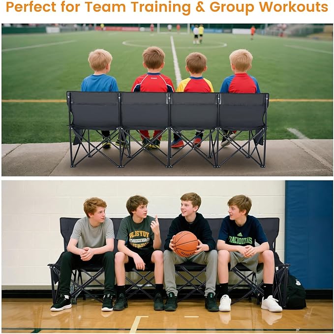 LILYPELLE Portable Bench 4 Seat Soccer Benches for Team Folding Soccer Bench Chair Sideline Benches Camping Chairs for Football Camp Sport Events Outdoor Seating with Carry Bag 2Pack