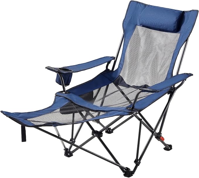 VEVOR Reclining Camping Chair 4 Adjustable Positions Portable Folding Lounger for Adults Mesh Beach Chair with Headrest &amp Foot Rest Supports 220 lbs Heavy Duty Camp Chairs for Patio Blue