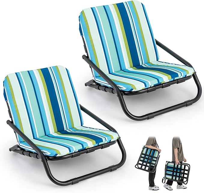 Giantex 2-Pack Beach Chairs for Adults Folding Camping Chairs with Aluminum Frame Quick-Drying Cotton Cushion Shoulder Straps 300 Lbs Capacity Lightweight Sling Chairs for Travel Backpack Chair