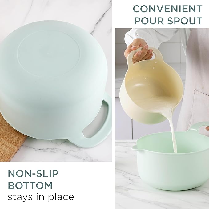 COOK WITH COLOR Nesting Plastic Mixing Bowl Set with Pour Spouts and Handles Ombre Mint 4 Piece Non-Slip