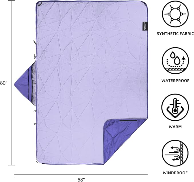 Large Outdoor Waterproof Blanket Extra Thick Fleece Stadium Blanket for Camping Car Pet Picnics - Windproof Wearable Machine Washable 80 x 58 (PurpleHooded)