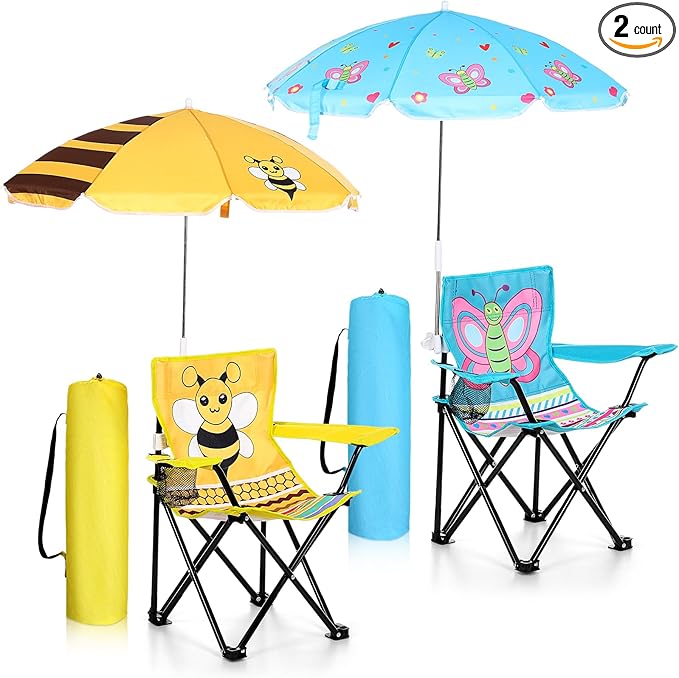 Kids Beach Chair with Umbrella Child Folding Chair Umbrella with Universal Clamp for Children Beach Camping Patio Garden Outdoor Lawn Pool Travel Indoor