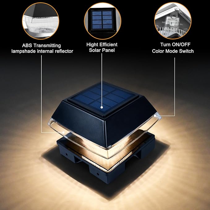 Sumaote Solar Post Cap Lights for 4x4 Wood &amp Vinyl Fence Adjustable Base - 2-Color Modes 3000K/6000K IP65 Waterproof 120 Lumens Dusk to Dawn Outdoor Deck Lighting 4 Pack Black