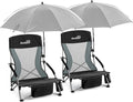 Folding Beach Chair with Umbrella for Adults 2 Pack Portable Low Beach Chairs with 300lbs Capacity Lightweight Fodable Camping Chair for Travel Picnic Concert &amp Outdoor Activities Black-Grey