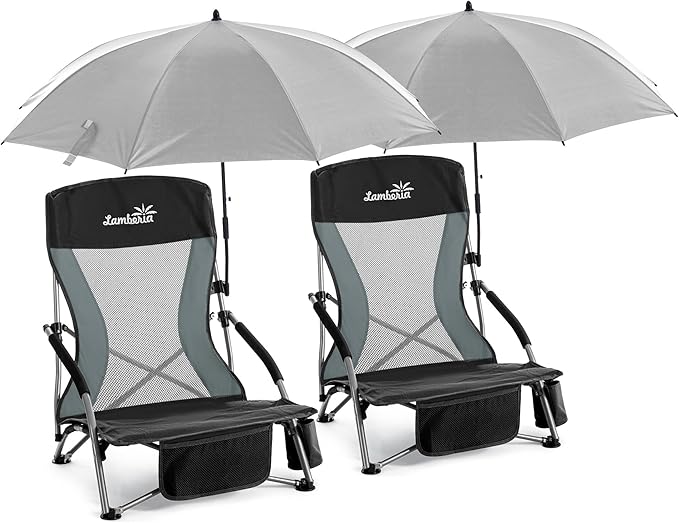 Folding Beach Chair with Umbrella for Adults 2 Pack Portable Low Beach Chairs with 300lbs Capacity Lightweight Fodable Camping Chair for Travel Picnic Concert &amp Outdoor Activities Black-Grey