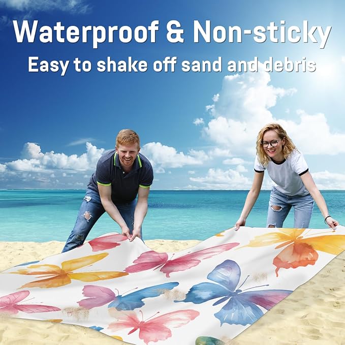 Waterproof Sandproof Beach Blanket 59''×68'' Colored Animals Butterflies Polyester Outdoor Picnic Blanket with 4 Stakes &amp Storage Bag for BeachCampingVacation