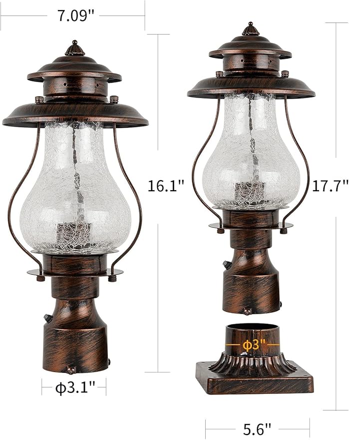 Dusk to Dawn Post Lights Outdoor Photocell Sensor Rustic Pole Mount Lanterns with Pier Mount Adapter Oil Rubbed Brown with Crackle Glass Waterproof Pillar Lights for Patio Garden Porch and Backyard