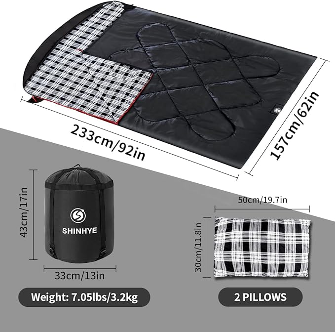 ShinHye Double Sleeping Bag for Adults with 2 Pillows Camping Sleeping Bags Flannel Cotton 2 Person Sleeping Bags XXL Queen Size Sleeping Bag for Cold Weather