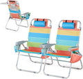VINGLI Tall Beach Chair 2 Pack with 5-Position Cooler Bag Cup Holders Towel Bar Lightweight Folding Beach Camping Chairs for Adults(Rainbow-16)