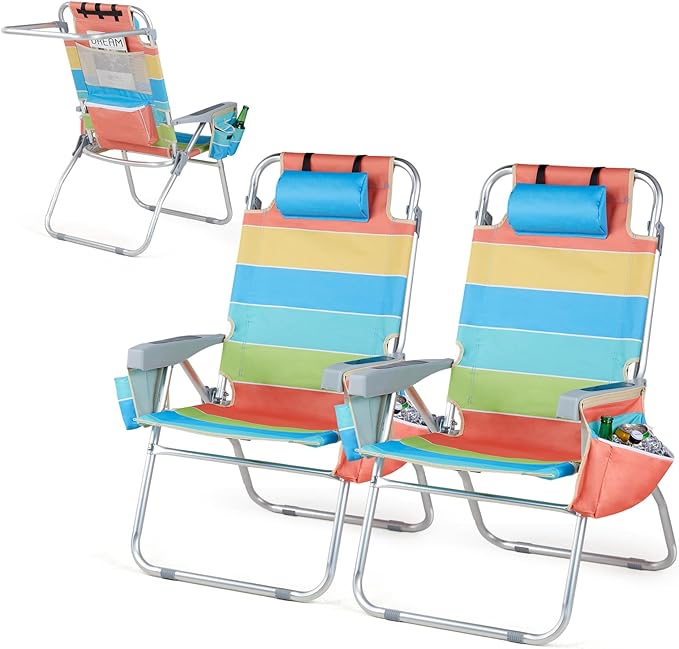 VINGLI Tall Beach Chair 2 Pack with 5-Position Cooler Bag Cup Holders Towel Bar Lightweight Folding Beach Camping Chairs for Adults(Rainbow-16)