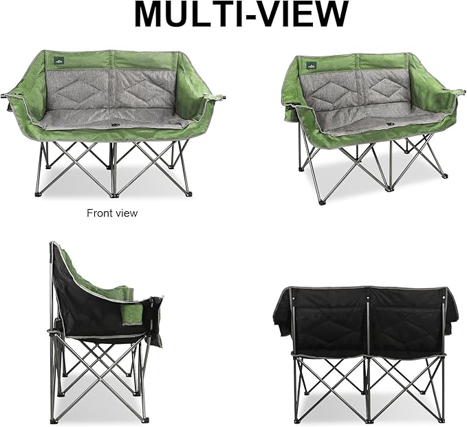 Northroad Folding Loveseat Camping Chair Portable Double Duo Full Padded Garden Chair for 2 Person Sofa w/ 2 Cup HolderWine Glass HolderMesh StorageSupport 600lbs for Picnic Beach Travel (Green)