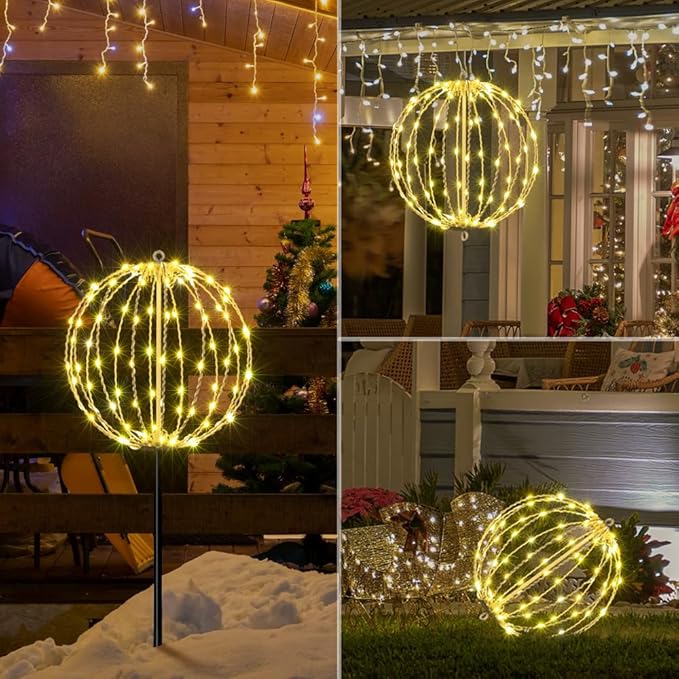 LIGHTSHARE 12IN 96LED Light Ball Yard Decoration Pathway Lights Sphere Light with Fold Flat Metal Frame Indoor Outdoor Waterproof Garden Lights Plug in