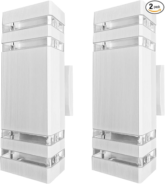 Outdoor Lights Wall Mount White Up and Down Exterior Lighting Fixtures Modern Square Porch Wall Sconce Aluminum Front Door Light LED Wall Lamp for Garage Garden Patio 2 Pack