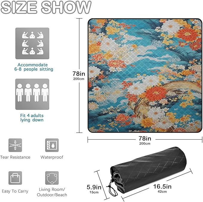 Japanese Foral Camping BlanketLightweight Waterproof Sandproof Beach Blanket Foldable Blankets for Outdoors Travel Picnics Beach 78 x 78 Inches