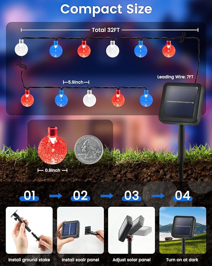 2-Pack Red White and Blue Crystal Globe Solar String Lights Outdoor 64FT 100 LED Waterproof 4th of July Decorations Solar Patriotic Lights 8 Lighting Modes for Memorial Day Independence Day Yard