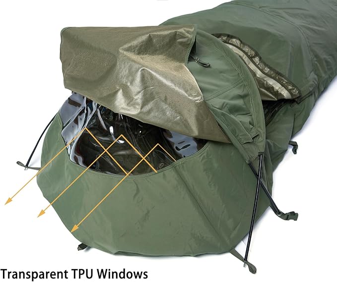 MT Military Hideaway Bivy Cover Stealth Compact Single-Pole Hooped Tent for Modular Sleeping Bags with Mosquito Bug Net MeshWaterproof Breathable Outer Shell Minimalist Shelter