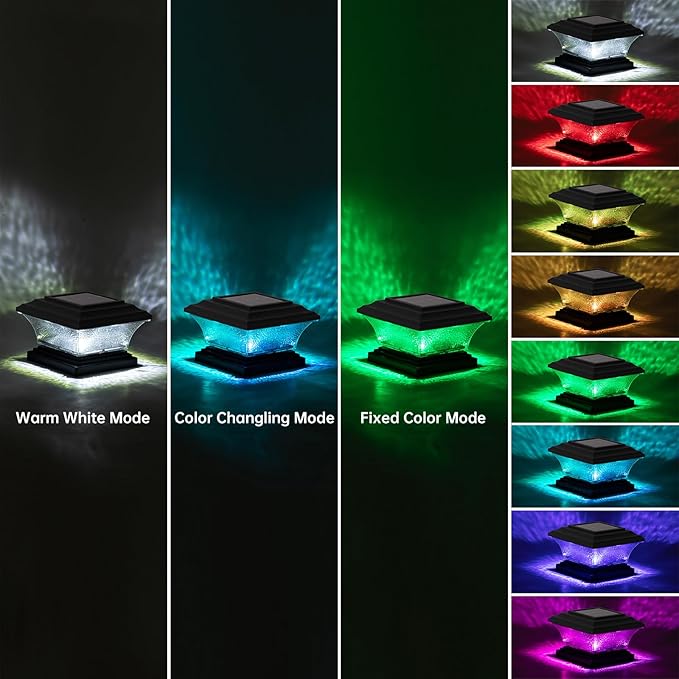 HUYIENO Solar Post Cap Lights - Outdoor LED Deck Fence Cap Light 9 Light Modes Bright White/7 Color Fixed &amp Cycling Modes Suitable for 4x4 &amp 5x5 Wooden Posts Black 4pk