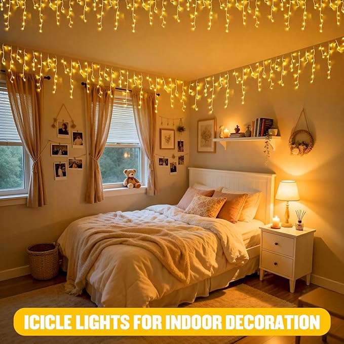 JMEXSUSS 38.8FT Icicle Lights for Outside 400 LED Icicle Christmas Lights Outdoor Indoor Plug in Warm White String Lights for Christmas House Patio Party Fireplace Holiday Decorations