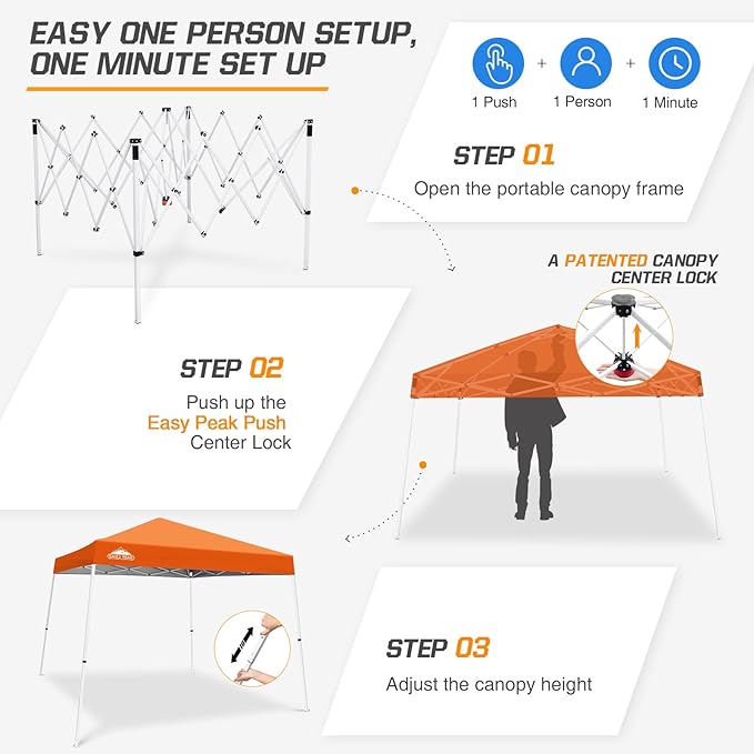 EAGLE PEAK 10x10 Slant Leg Pop-up Canopy Tent Easy One Person Setup Instant Outdoor Beach Canopy Folding Portable Sports Shelter 10x10 Base 8x8 Top (Orange)