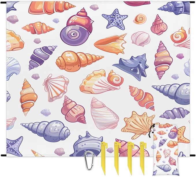 Waterproof Sandproof Beach Blanket 59''×68'' Multi-Color Shell Polyester Outdoor Picnic Blanket with 4 Stakes &amp Storage Bag for BeachCampingVacation White