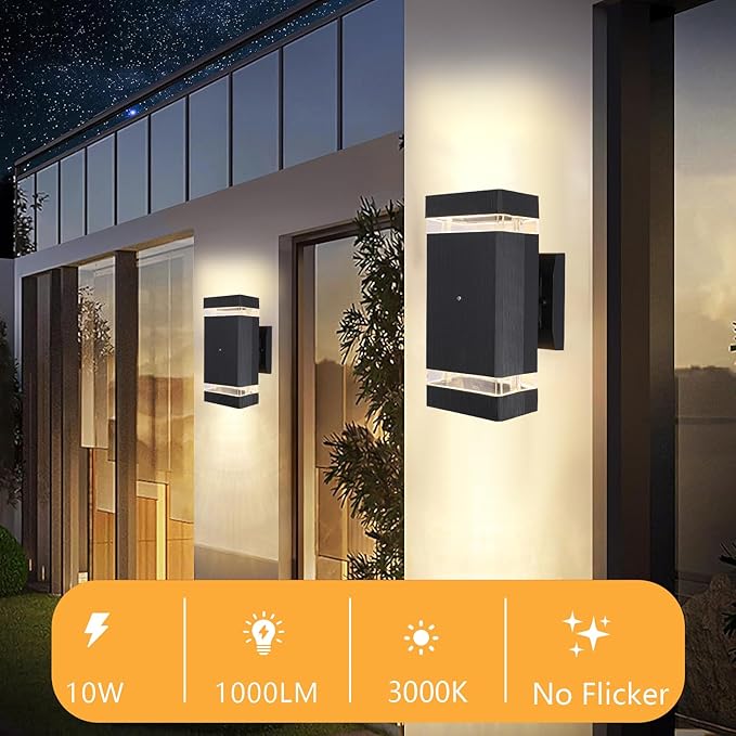 Dusk to Dawn Sensor Outdoor Wall Light Fixture Up Down LED Porch Wall Lights Sconce Black Waterproof Exterior Lighting Wall Mount Aluminium Outdoor Lights for House