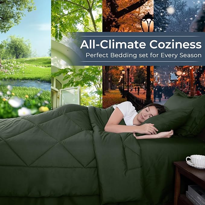 HEVUMYI Army Green California King Comforter Set - 7-Piece All Season Bed in a Bag Cal King Ultra Soft Bedding Set with Comforter Flat Sheet Fitted Sheet Pillowcases Pillow Shams