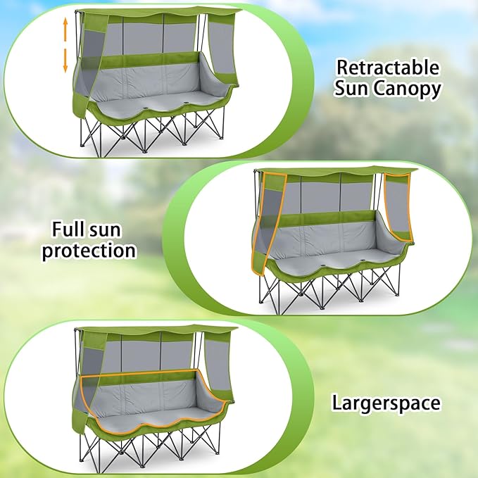 3 Person Camping Chair with Canopy Shade 700lbs Heavy Duty Oversized Beach Camping Chair with Thick Cushion Cup Holder and Carry Bag Foldable Portable Sofa for Lawn Beach Outdoor(Green)
