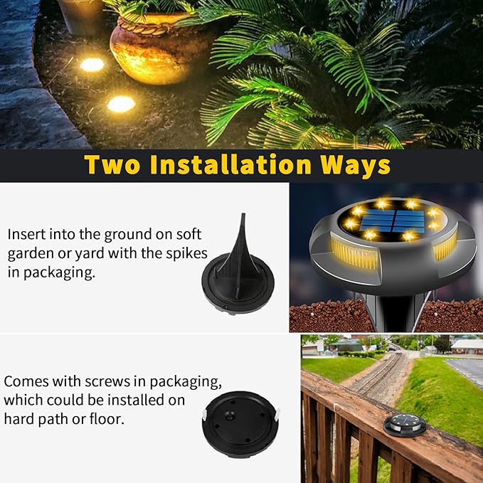 Solar Ground Lights Outdoor Waterproof 8 Pack 12 LEDs Solar Garden Disk Lights Landscape Lighting for Outside Pathway Deck Yard Patio Lawn Driveway Walkway Deco (Warm Lights)