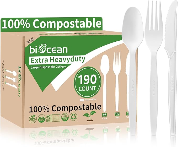 Extra Heavyduty Compostable Cutlery Set - 190 Count Large Disposable Utensils No Plastic Forks Spoons Knives Biodegradable Fork Eco Friendly Silverware for PartyBBQDaily UseEventsPicnic