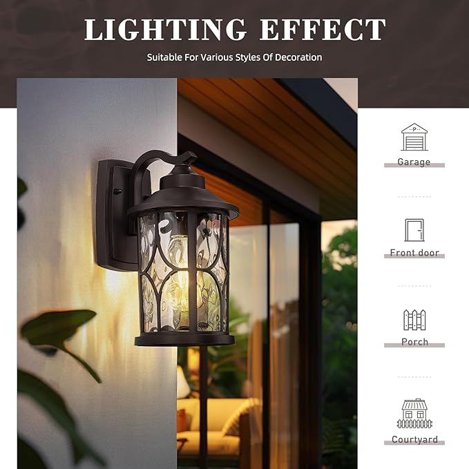 zeyu 12 Inch Outdoor Wall Lights 2 Pack Exterior Front Porch Light Die-Cast Aluminum Oil Rubbed Bronze Finish with Water Ripple Glass Glass ZX48BWG-2PK ORB