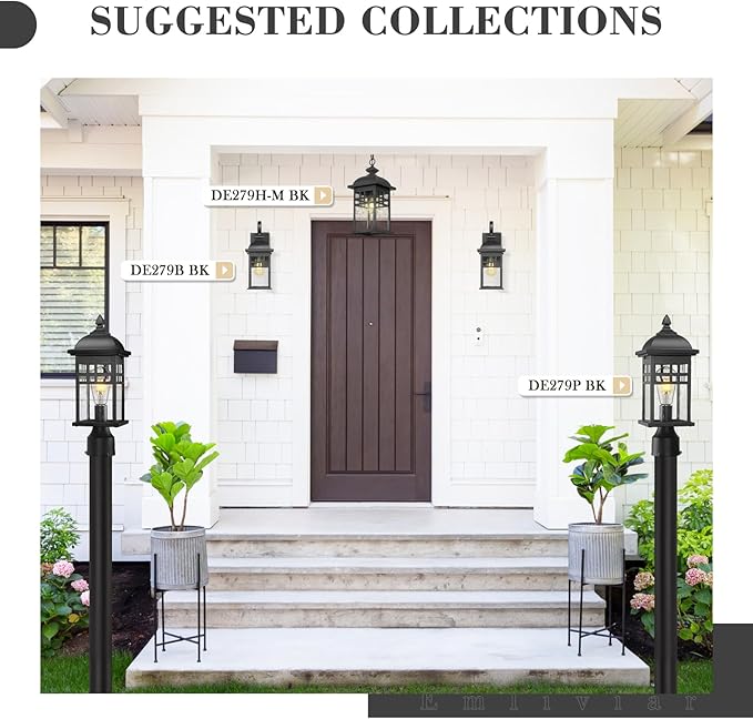 Emliviar Farmhouse Outdoor Post Light 16 Exterior Post Lamp for Patio Porch with Seeded Glass Black Finish DE279P BK