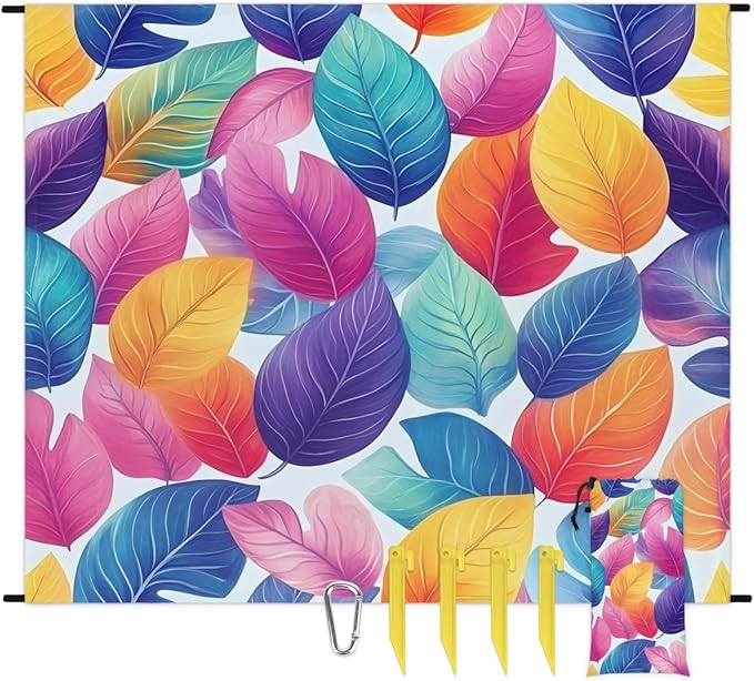 Waterproof Sandproof Beach Blanket 59''×68'' Tropical Leaves Polyester Outdoor Picnic Blanket with 4 Stakes &amp Storage Bag for BeachCampingVacation Colored