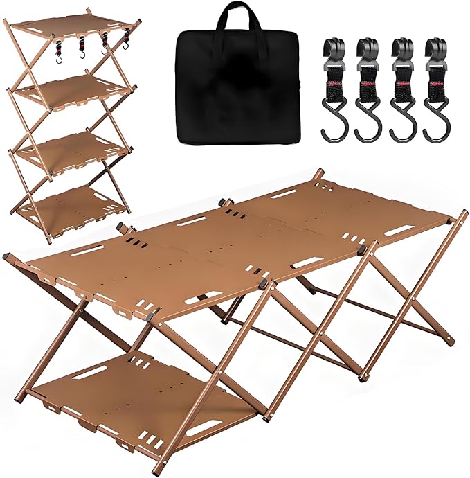 Folding Camping Table Portable Multi-Functional 4-Tier Picnic Rack Carbon Steel 37 with Storage Bag and 4 Hooks Indoor Outdoor Heavy Duty Portable for Picnic Party Camping