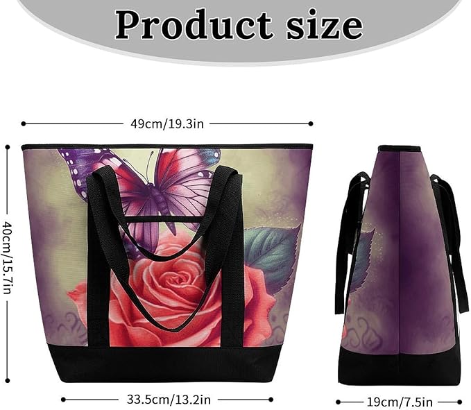 Insulated Shopping BagLarge Reusable Cooler Bags Butterfly And Rose Printed Foldable Shopping BagTravel Waterproof Shoulder Bag