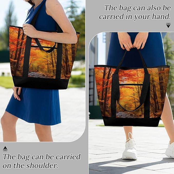 Insulated Shopping BagLarge Reusable Cooler Bags Fall Foliage Printed Foldable Shopping BagTravel Waterproof Shoulder Bag