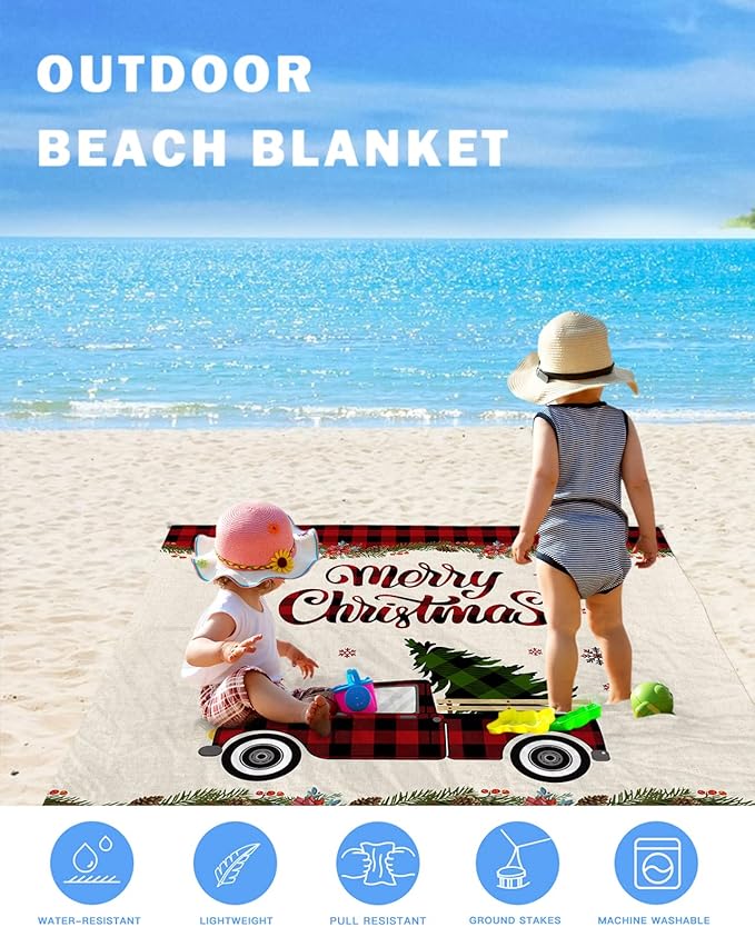 Beach Blanket Waterproof Sandproof OversizedChristmas Red Buffalo Check Farm Truck Trees Beach Mat with Corner Stakes Sand PocketsWinter Snowflake Flower Berries Picnic Mat for Travel 83x79In