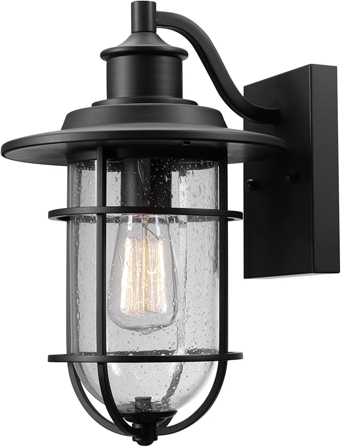 Globe Electric 44094 1-Light Outdoor/Indoor Wall Sconce Black Finish Seeded Glass Shade Coastal Modern Design Weather-Resistant E26 Base