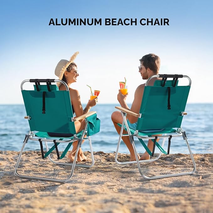 Bonnlo Lightweught 17 Backpack Beach Chair Tall Beach Chairs for Adults Portable with Adjustable Straps 3-Position Reclining Cup Holder High Beach Chairs for Beach