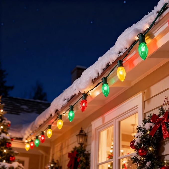 25FT C9 Christmas Lights OutdoorRed White Green Christmas Lights with 26 Bulbs(1 Spare)C9/ E17 BaseVintage Colored String Light for Garden Yard Party Xmas Tree Decorations