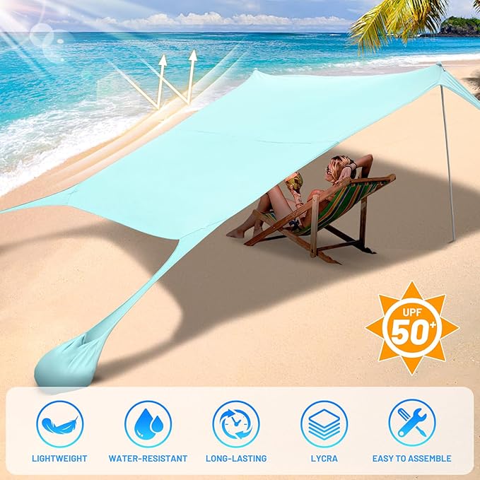 BOTINDO Family Beach Tent Canopy Sun Shade Pop Up Grande Beach Tent Sun Shelter Stability 4 Poles with Portable Carry Bag Outdoor Shade for Fishing Backyard Camping (Mint Green 10x10FT 4Pole)