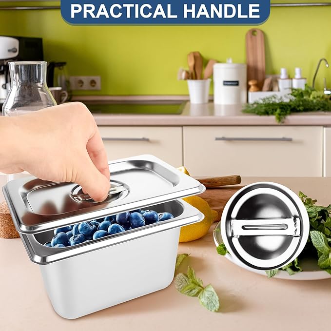 8 PCS Stainless Steel Hotel Pans with Lids 1/9 Size 4 Inch Deep Stainless Steel Steam Table Pan with Lids Metal Food Pans with Lid for Hotel Restaurant Buffet Home