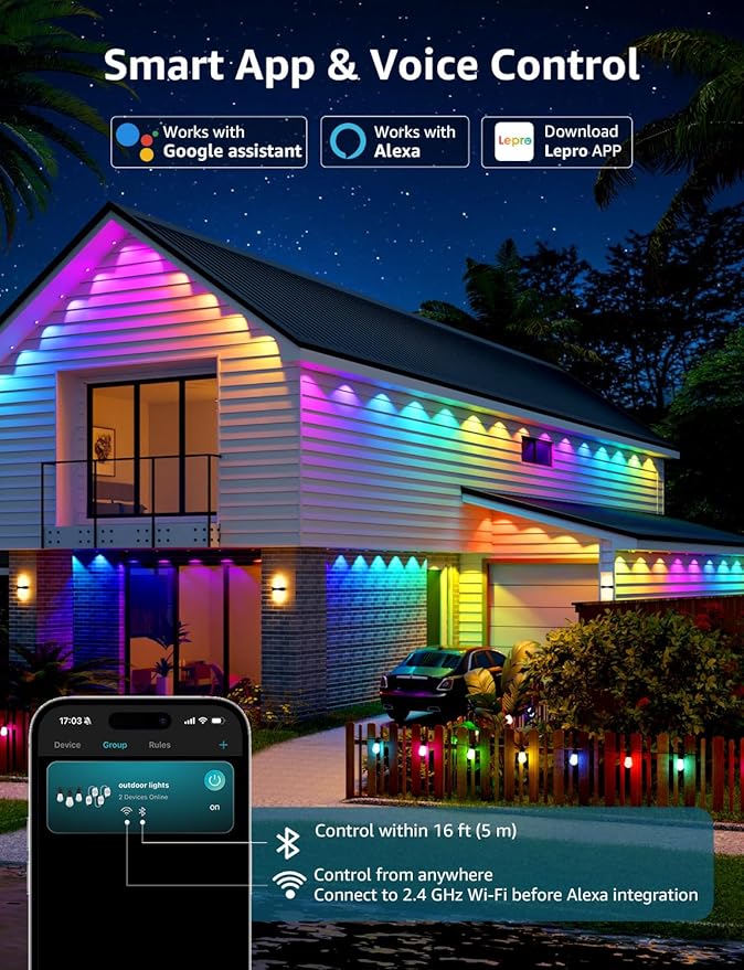 Lepro EE1 AI Permanent Outdoor Lights with Dual-Output 300ft 180 LED RGB+IC Smart Outside Light for House Christmas DecorAlexa Google Enabled 2.4 GHz WiFi/Bluetooth APP Control No Remote Controller