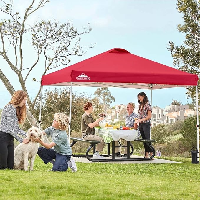 EAGLE PEAK Pop Up Canopy Tent with Wheeled Carry Bag 8 Stakes 4 Ropes 4 Weight Bags Easy Set Up Tent Canopy 10x10 ft 100sqft of Shade Red